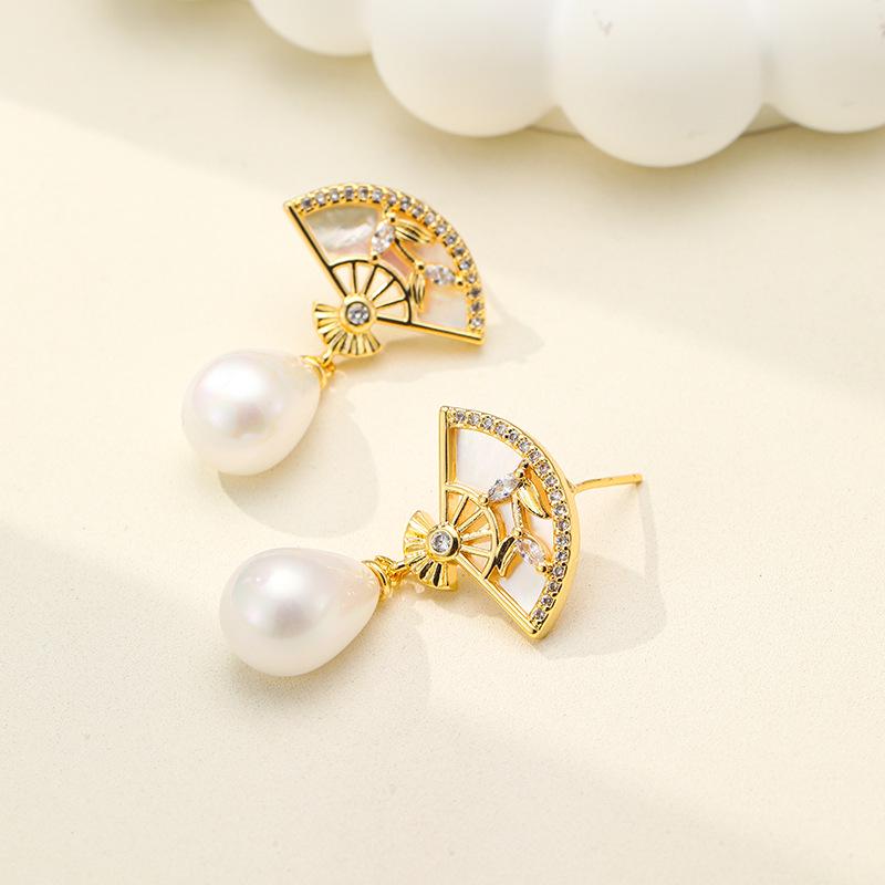 14k Gold-Plated Mother of Pearl Earrings with Zircon, Traditional Qipao Style