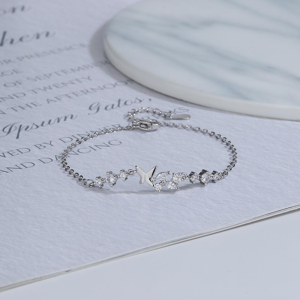 VENTFILLE 925 Sterling Silver Diamond-Studded Butterfly Bracelet Women's Fashion Temperament Flower Adjustable Bracelet