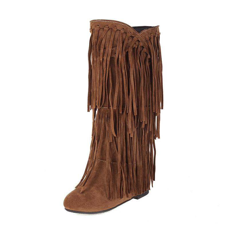 Large size boots autumn and winter new women's boots casual fringed boots college style flat-bottomed high boots women's shoes
