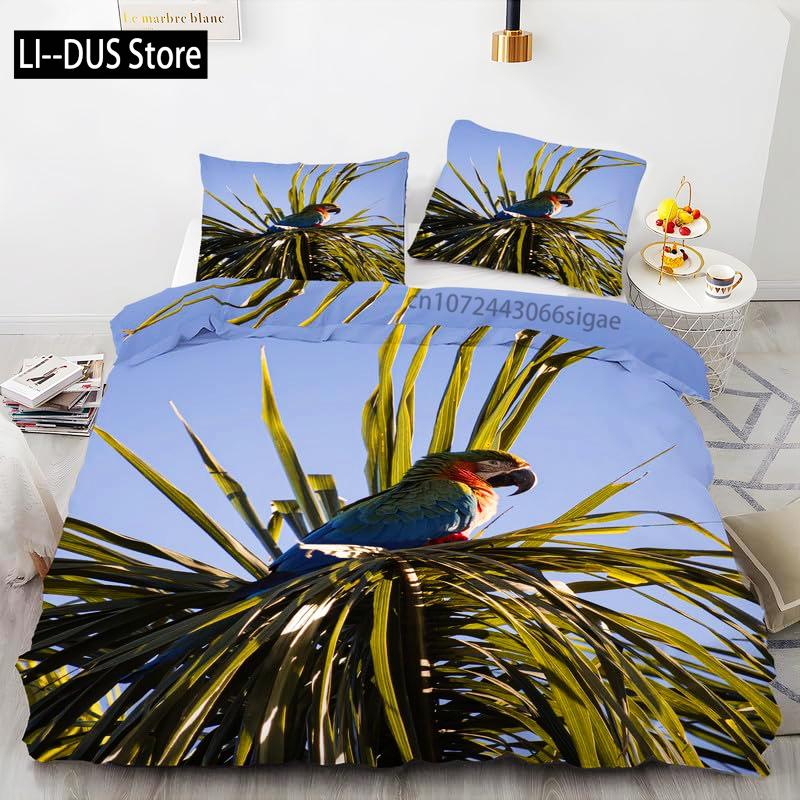 Tropical Comforter Queen Full Size,Parrot Comforter Set,Green Leaves 3pcs Print Duvet Bedding Set 1 Comforter with 2 Pillowcases