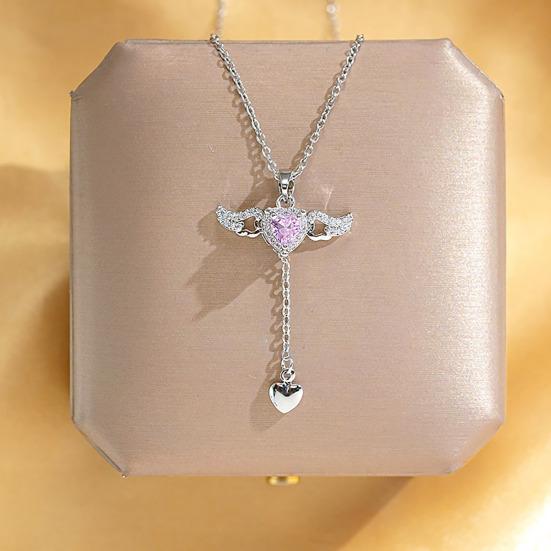 Yousheng Choker Necklace Alloy Sparkling Rhinestones Angel Heart Pendant Necklace Adjustable Length Necklace Jewelry Gift