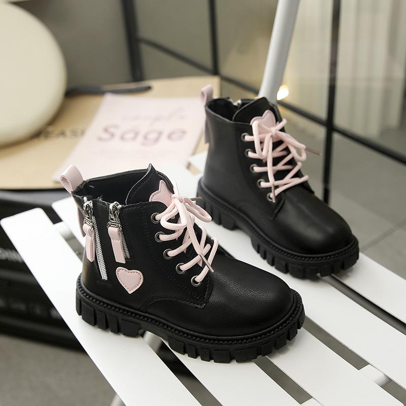 Kids White Pink Lace Up Martin Boots Side Zipper Non Slip Platform Boots 26