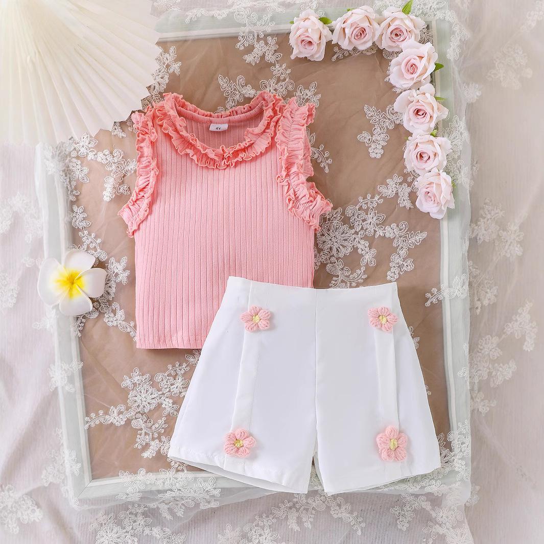 

Модный повседневный комплект для девочек на лето 2025 года: Милый однотонный комплект из жилета с короткими рукавами и шорт для детей 5Y