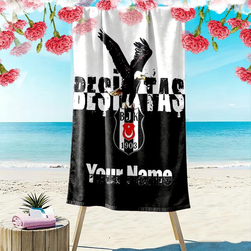 Personalisierbares Besiktas JK Logo Print Strandtuch, Großes Weiches Schnelltrocknendes Handtuch für Strand Camping Schwimmen