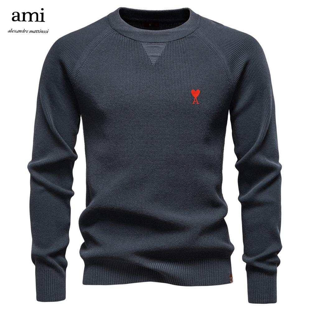 AMI 2025 Autumn and Winter Embroidery New Round Neck Fashionable Solid Color Sweater Men's High-quality Business Casual Knitted M