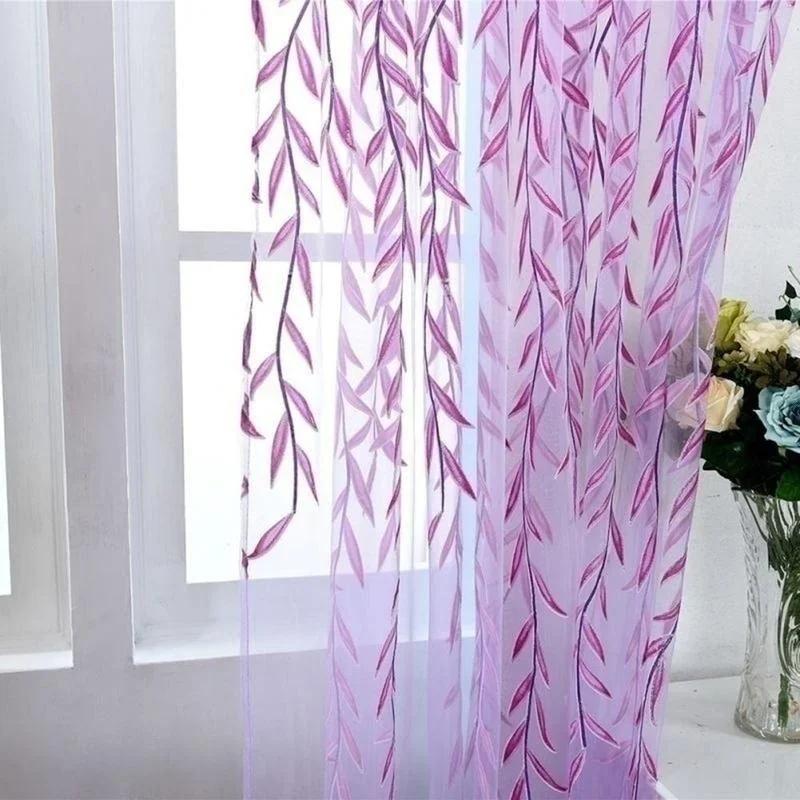 1Pair Cute Willow Leaf Curtains Pastoral Style Willow Floral Window Decorative Curtains for Bedroom Living Room Window Curtain