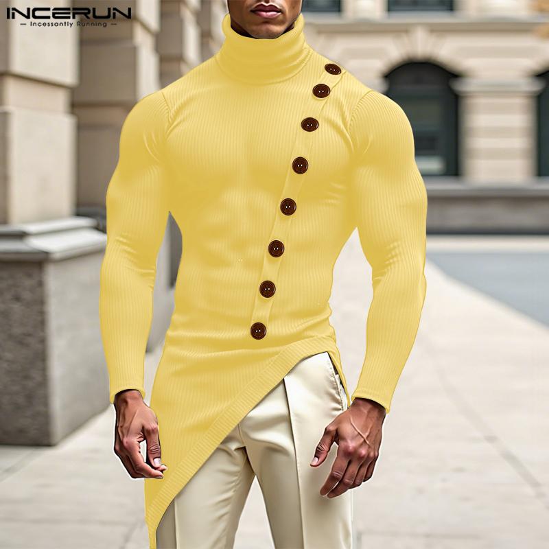 INCERUN Herren Rollkragen Langarm Patchwork Schlitze Unregelmäßig Rippe Lässige Oberteile Unterhemden