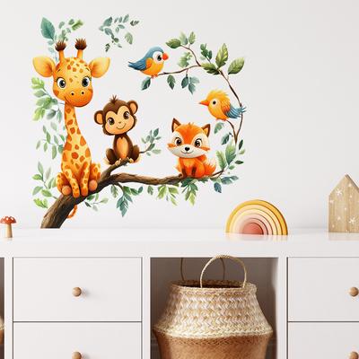 2 Pcs Tree Branches Cartoon Animals Bedroom Living Room Home Background Beautification Decoration Wall Stickers