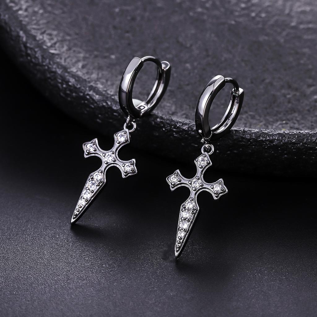 Men Women Zircon Cross Earrings Rock Light Luxury High End Ear Cuffs Trendy Jewelry