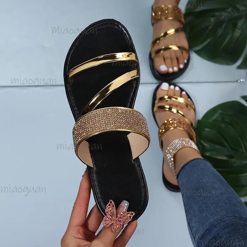 Summer Women Sandals Flat Sandal Sparkle Rhinestone Slide Trendy Women's Beach Sparkly Dressy Slip On Bling Casual Shoes Gold