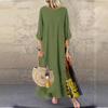 LYRIA Baumwolle Leinen Vintage Lange Kleider Damen Dreiviertelärmel Splicing Druck Lockeres A-Linien-Kleid Mode Lässig Damen Maxi Vestido