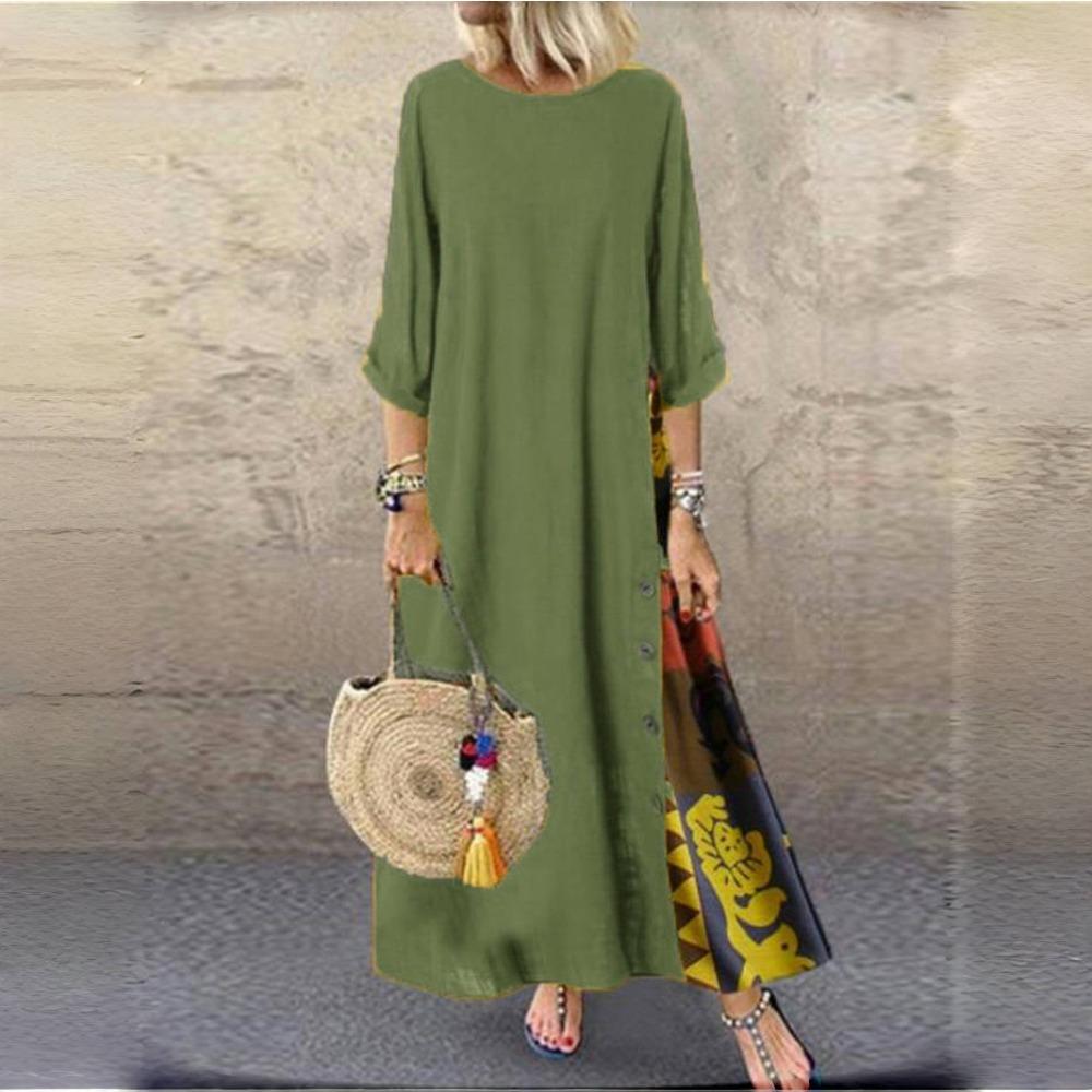 LYRIA Baumwolle Leinen Vintage Lange Kleider Damen Dreiviertelärmel Splicing Druck Lockeres A-Linien-Kleid Mode Lässig Damen Maxi Vestido