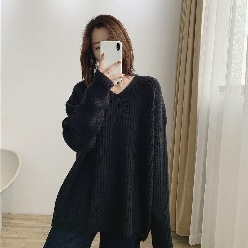 Пуловер, однотонный свитер, женский свитер с v-образным вырезом, осень и зима, новый южнокорейский свободный стильный универсальный вязаный пуловер с напуском, свитер One Size чёрный