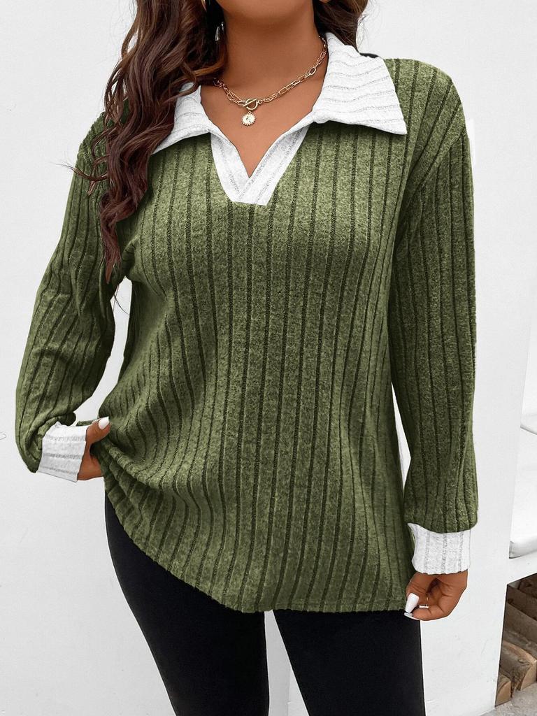 2025 Autumn/Winter Women's Plus Size V-Neck Ribbed Brushed Long Sleeve Top