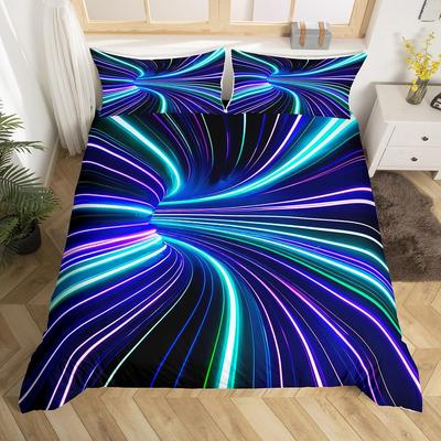 Housse de couette Black Light Ombré Géométrique Ensemble de literie Queen, Housse de couette Rayée Cercle Tourbillon Moderne Bleu Teal Violet