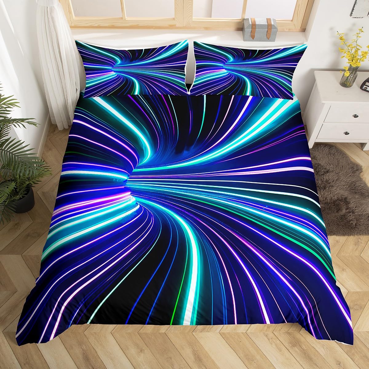 

Black Light Soft Duvet Cover Ombre Geometric Quen Beding Set,Gradient Teal Blue Purple Modern Striped Circle Swirl Warm Comforter Cover 135*200cm Eu-Single