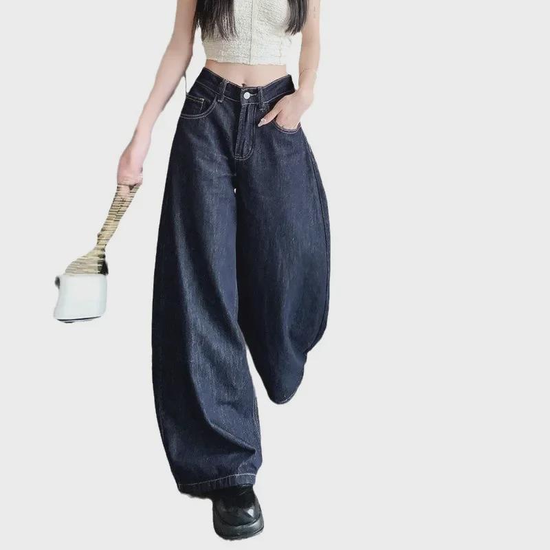 Women's Dark Blue Wide-Leg Jeans, High Waist, Slim Fit, Loose Mopping, Autumn 2024 Collection