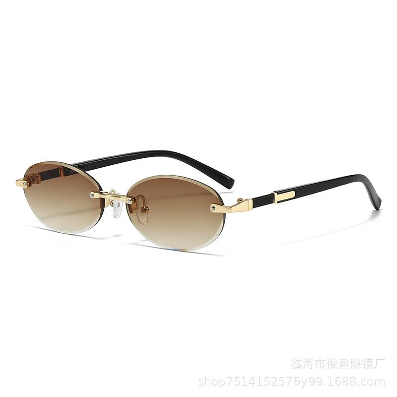 Trendy Cut Edge Personalized Oval Frame Sunglasses New Frameless Spicy Girl Hip-hop Sunglasses Metal WOMEN'S Sunglasses MEN'S Sunglasses