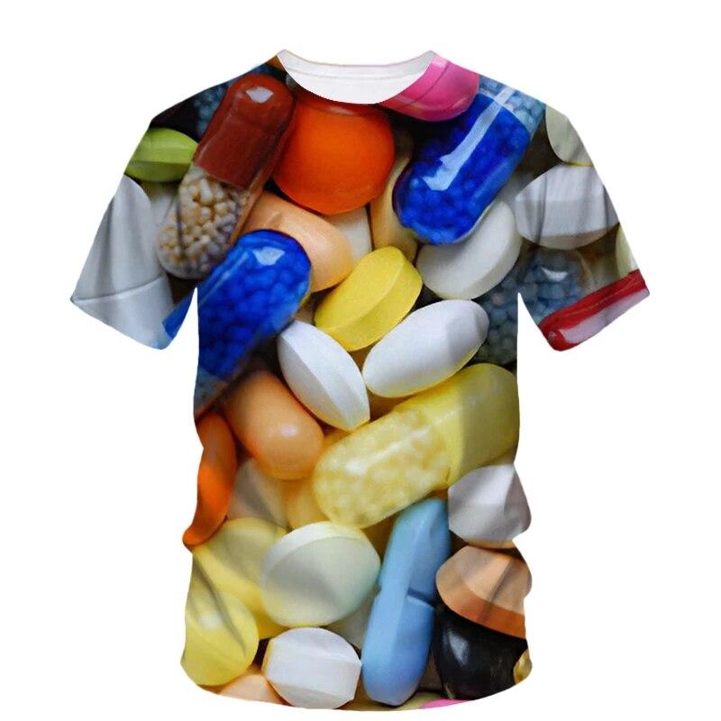 Modne nowe, oryginalność Pill Graphic T-shirty dla mężczyzn Casual Artystyczny trend osobowości Zabawne drukowane koszulki z krótkim rękawem i okrągłym dekoltem