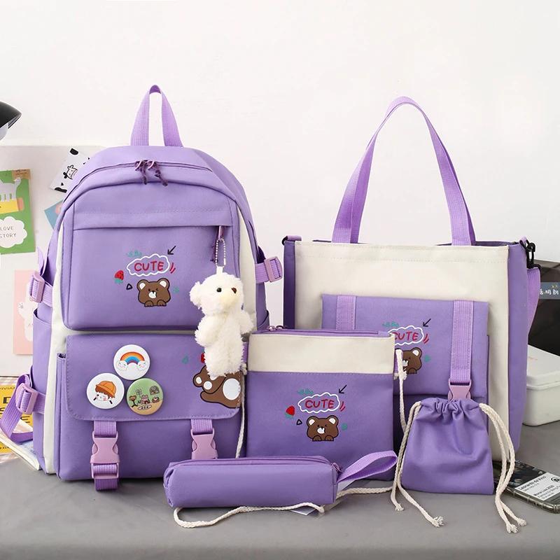 5 Stück/Set Niedliche Schultaschen für Mädchen Rucksack Kinder Doppelschultertasche Oxford-Stoff Handtasche Münzbörse Federmäppchen Umhängetasche