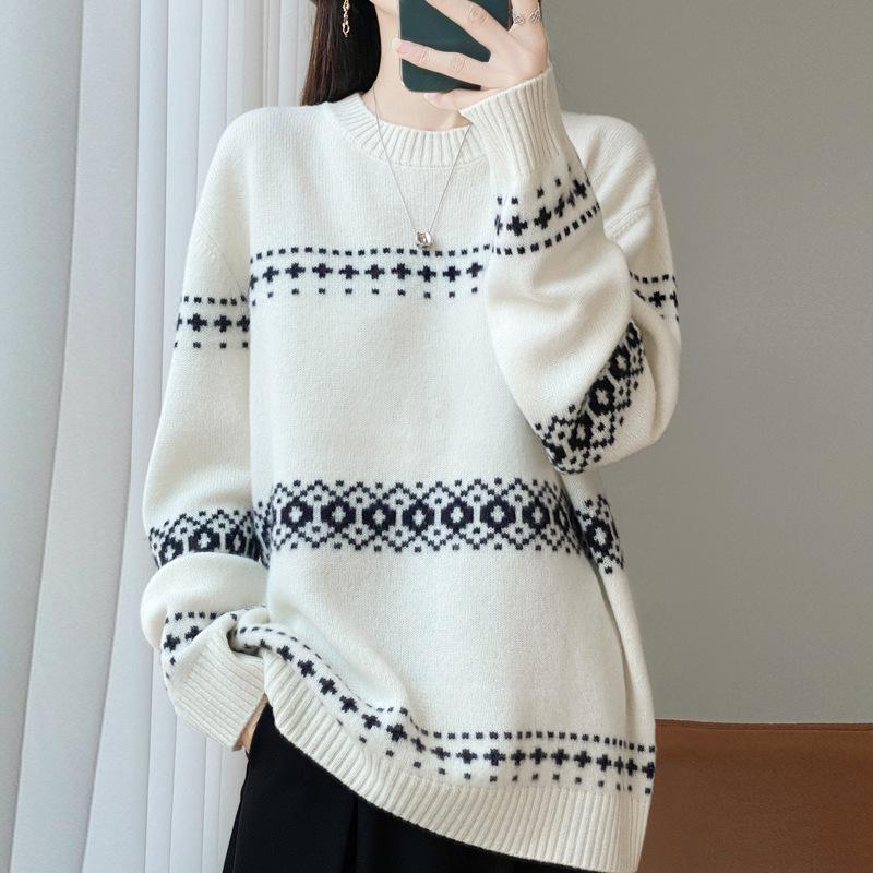 Autumn/Winter Women's Thick Wool Seven-Stitch Long Sleeve Knitwear with Four-Leaf Clover Jacquard