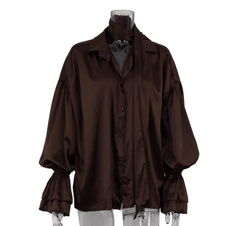 Women Loose Fit Long Sleeve Shirt Brown Casual Blouse S