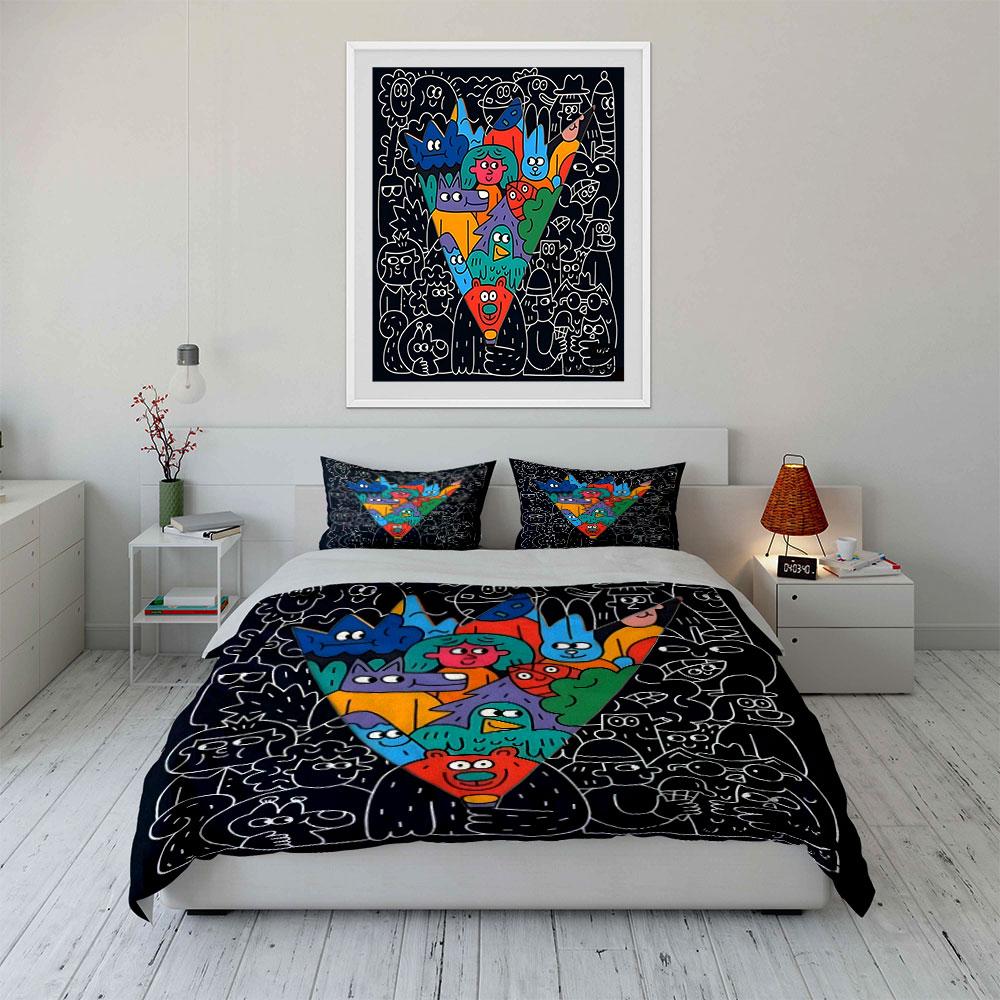 Cartoon Animals and Characters Illustration Print Bedding Set 1 Duvet Cover 2 Pillowcases for Adult and Children Luxury Gift