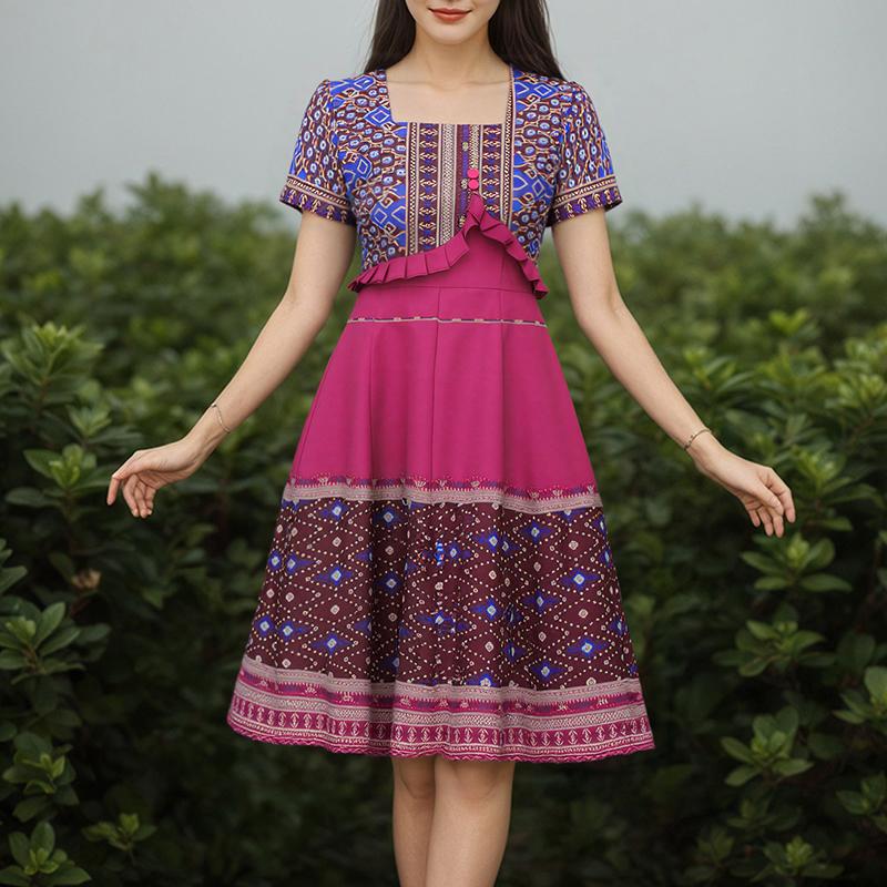 ZANZEA Women Casual Square Collar Short Sleeve Retro Print A-Line Dress