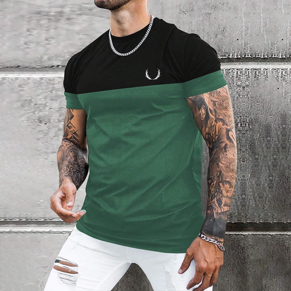 Fashion Men's Color Blocking Printed T-Shirt Casual Street Male Crew Neck Short Sleeve T Shirt Large Size Menswear Clothing