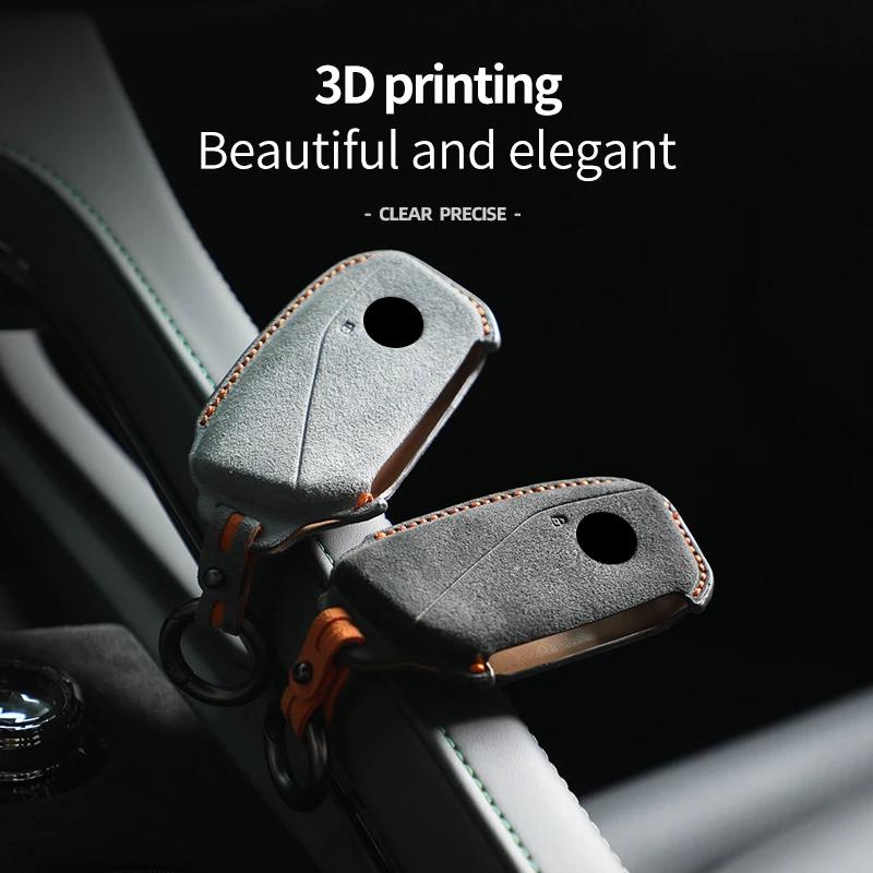 Interior Mouldings Alcantara Car Key Case Shell Cover For BMW Series 7 735 i 740 Li X7 X1 U11 2023 I7 G07 LCI XM Keychain Protec