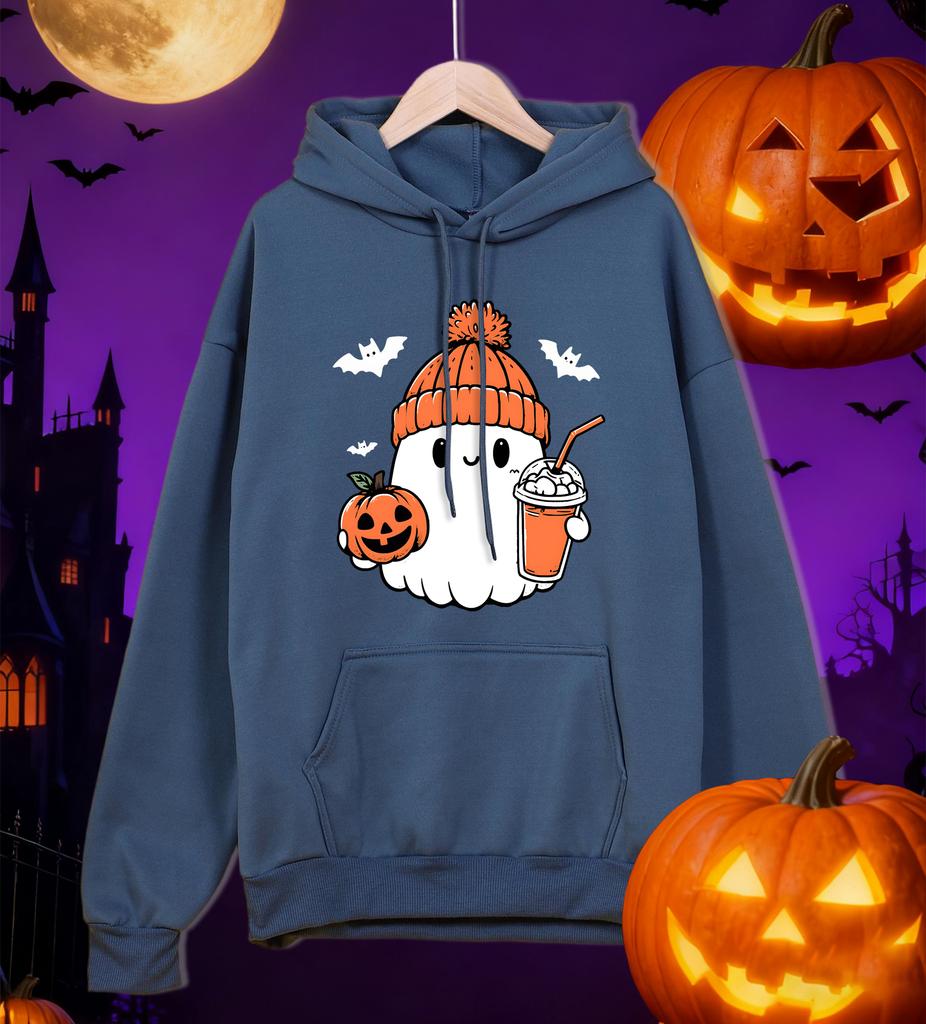 A Cute Ghost Holding A Drink Pattern Mens Hoodies Casual Autumn Pocket Streetwear Loose Hip Hop Pullovers Fleece Man Hoody