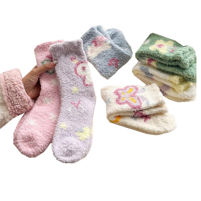 Women's Plus Velvet Thickened Coral Fleece Mid-Calf Home and Sleep Socks - Cute and Plush Cartoon Design for Autumn and Winter