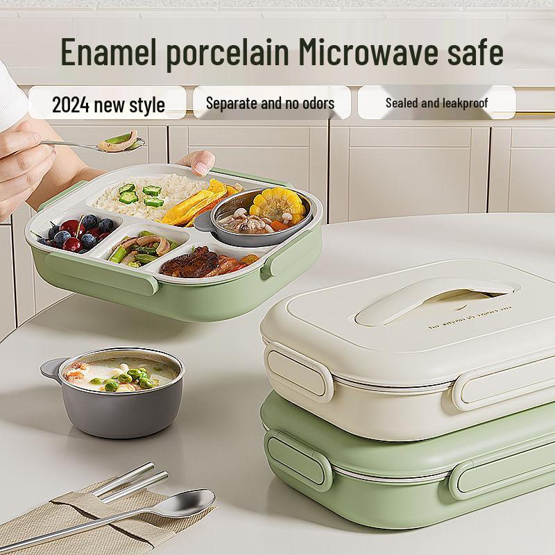 Insulated Ceramic & Stainless Steel Bento Box: Microwave-Friendly Lunch Box for Office & School, Divided for Easy Meal Storage.