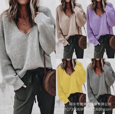 Neuer Damenpullover mit V-Ausschnitt, langen Ärmeln und lockerer Passform, gestrickter Basispullover