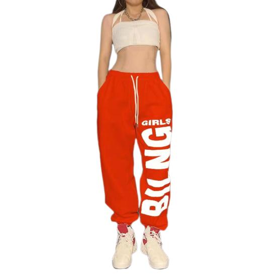 Frauen Sport Hosen Einfarbig Brief Drucken Breite Bein Jogginghose Elastische Taille Verstellbare Kordelzug Hip