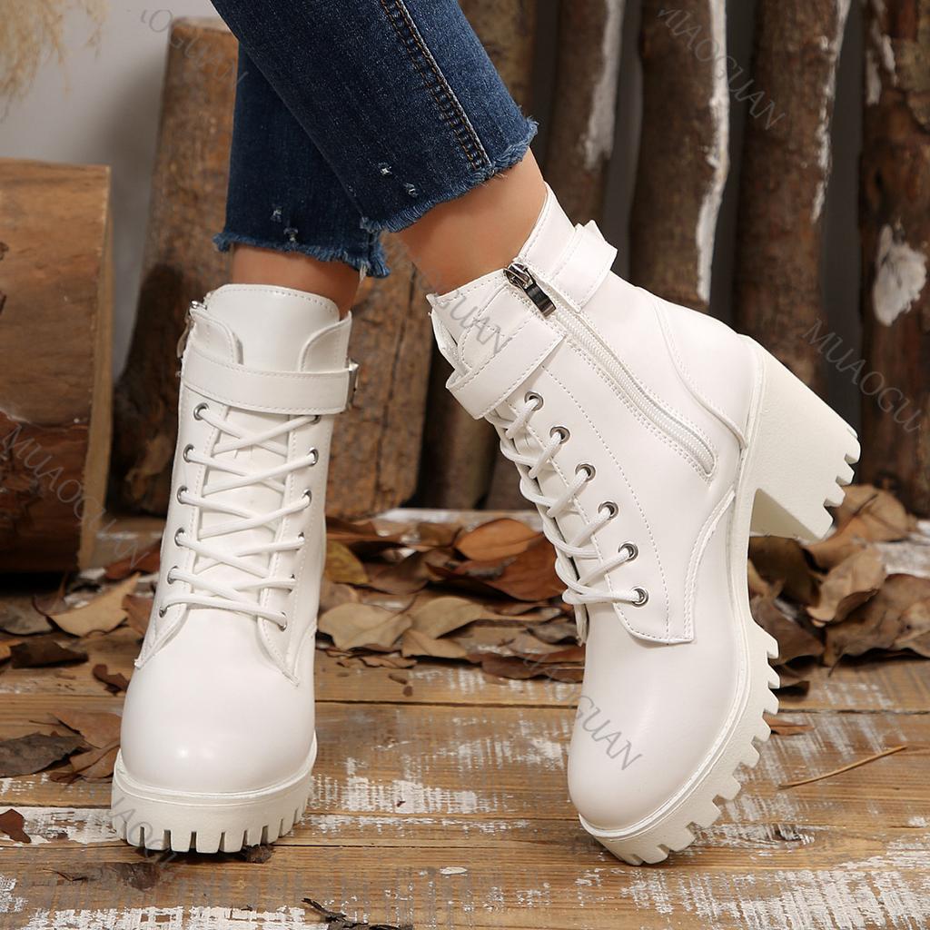 Fashion Women Boots Autumn and Winter New Belt Buckle Thick Bottom Lace-up Short Botas White Chunky High Heel Goth Platform Shoes Women