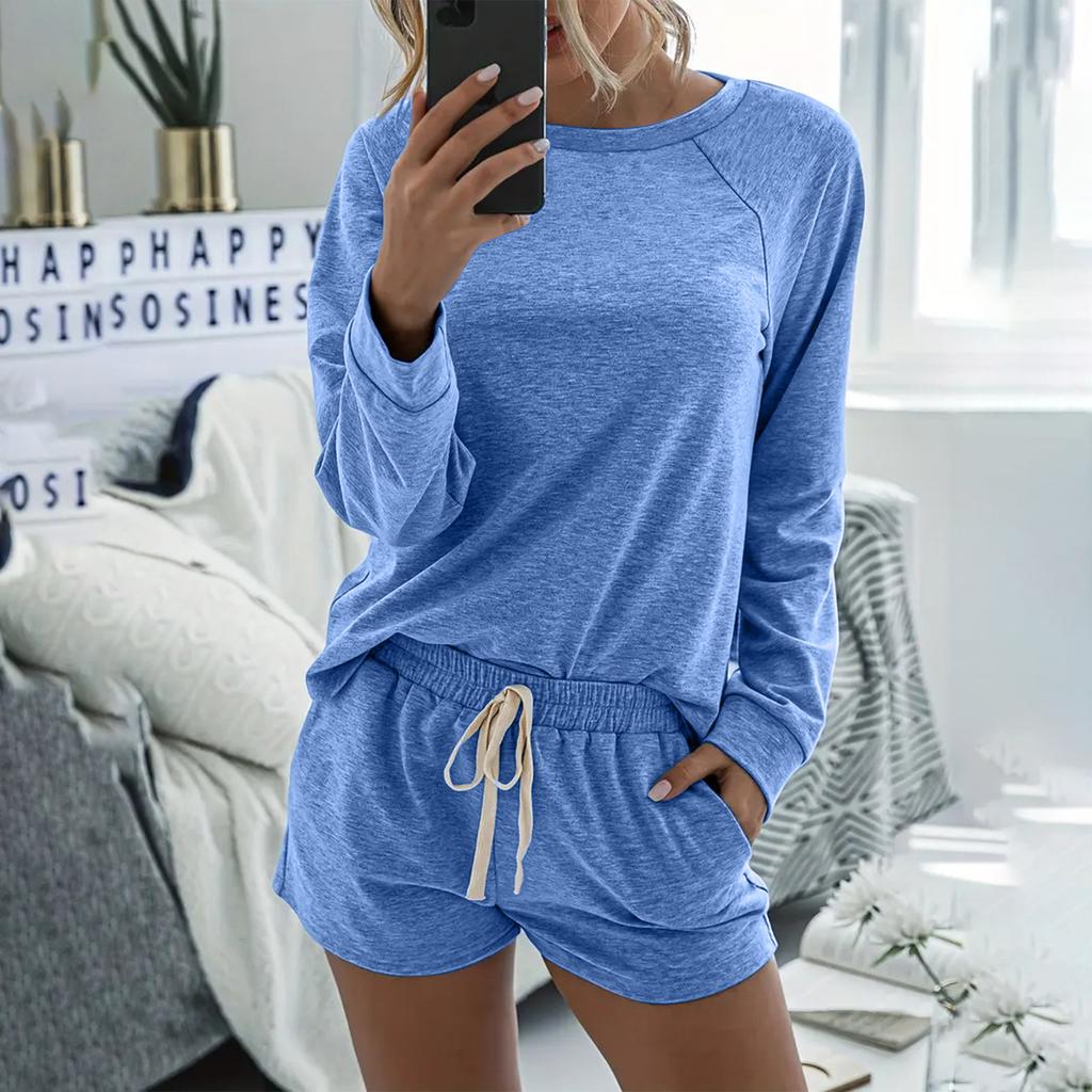 Women's Color Two,Piece Round Neck Long Sleeve Shorts Home Sports Suit