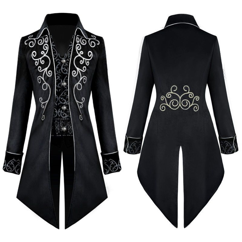 European and American New Style Halloween Tuxedo, Medieval Retro Clothing, Mid-Length Punk Men s Coat, Performance Outfit. Black L