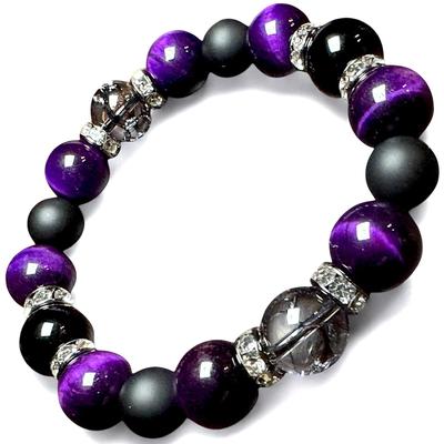Natural Stone Power Stone Bracelet for Men Good Money Increase In Morion Purple Tiger Eye Matte Onyx Black Crack Crystal Comes with a Drawstring Bag