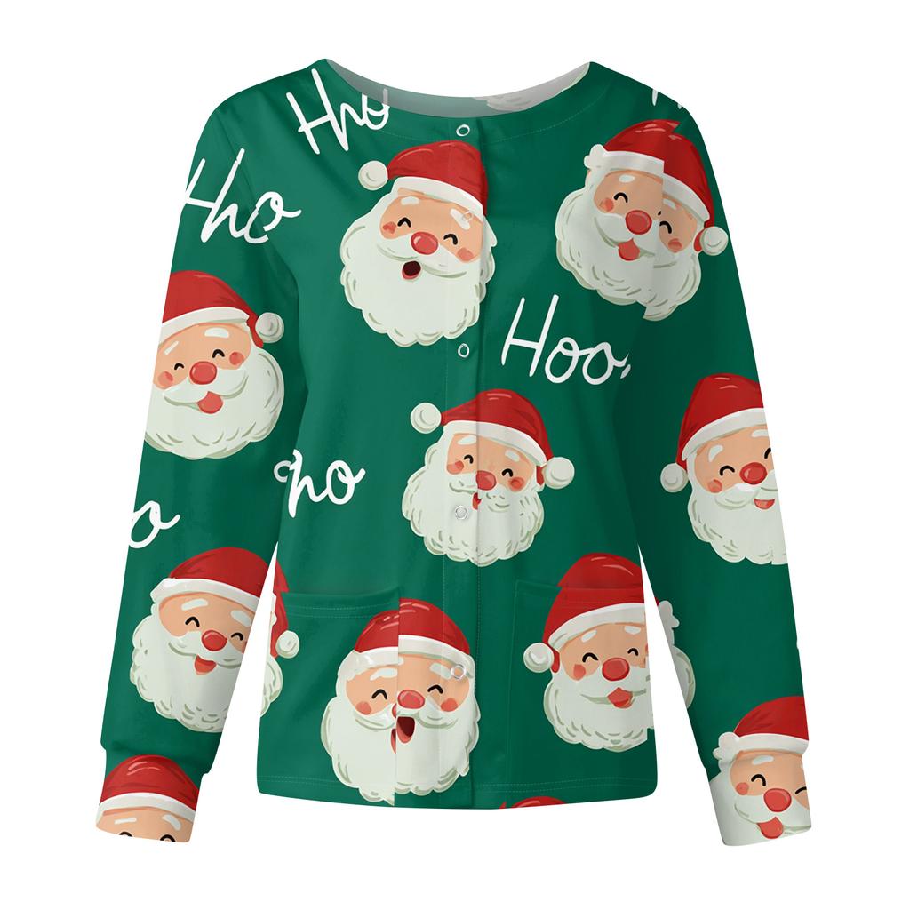 Women's Casual Fashion Long Sleeve Standing Collar Single Breasted Christmas Print Workwear Jacket Tops