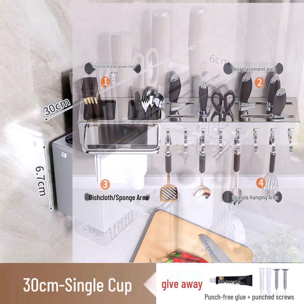 Stainless Steel Wall-Mounted Knife and Utensil Holder with No-Punch Installation