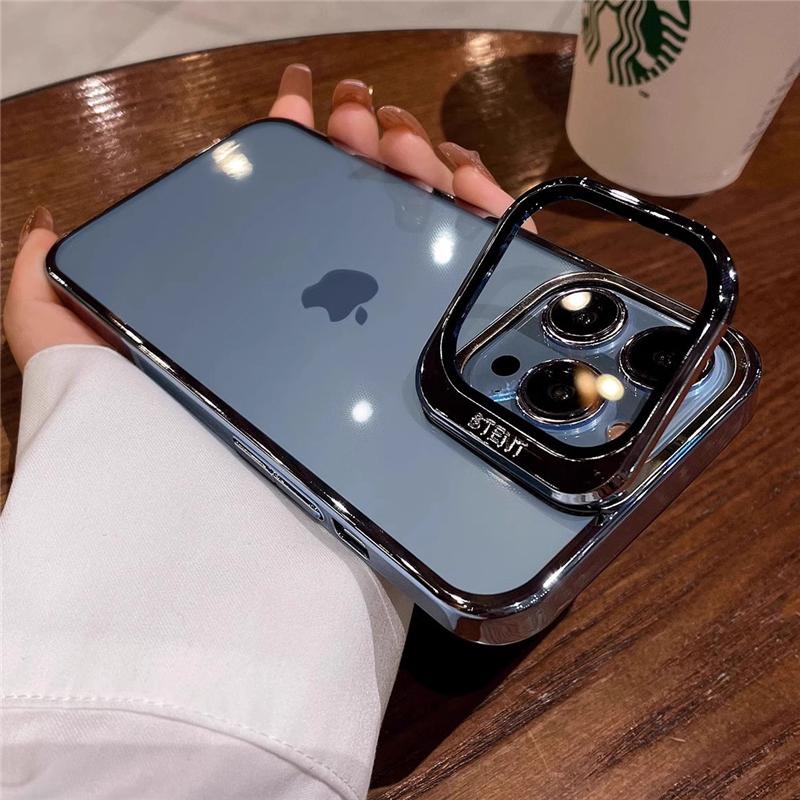 Fold Glass Lens Stand Holder Clear Case For 17 16 15 14 13 12 Pro Max Plus Plating Camera Protection Shockproof Cover