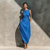 European and American new women's clothing cotton and linen blended sleeveless round neck waist trimmed medium and long dress