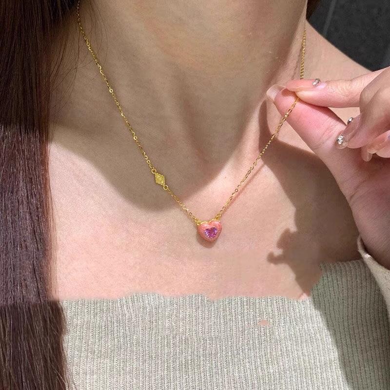 sweet style heart-shaped Pink gemstone necklace for Women light luxury pendant inlay diamond collar chain wedding jewelry