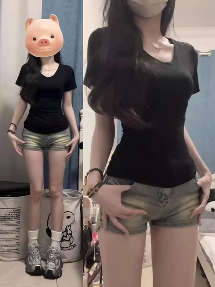 Women's Slimming Waist-Cinched V-Neck Cotton T-Shirt, Summer 2026 Design