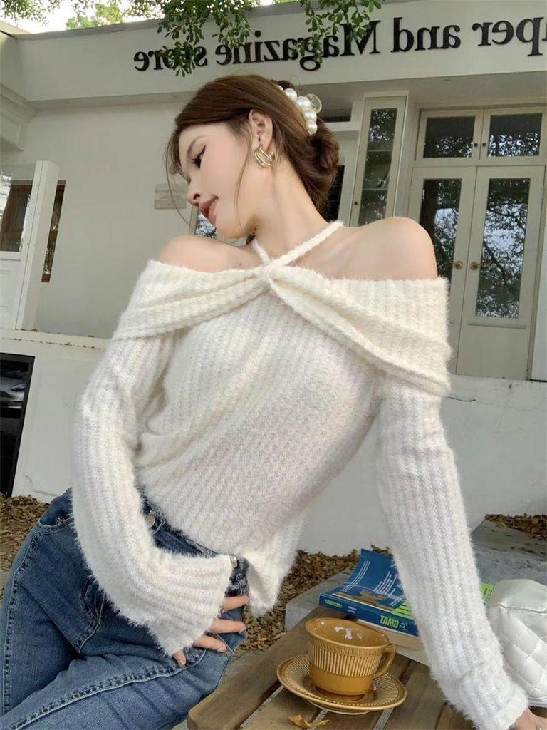 Koreanischer Spicy Girl Neckholder Schulterfreier Pullover - Damen Herbst Langarm Stilvolles Oberteil