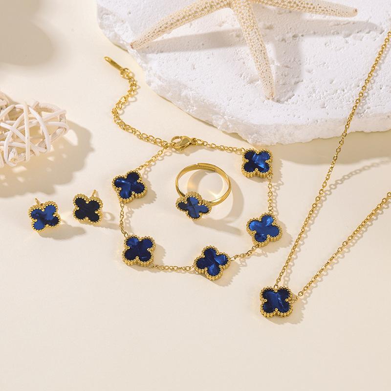 4PCS 13MM Double-Sided Mother-of-Pearl Lucky Four-Leaf Clover Bracelet, Earrings and Ring Four-Piece Women's Jewelry Set