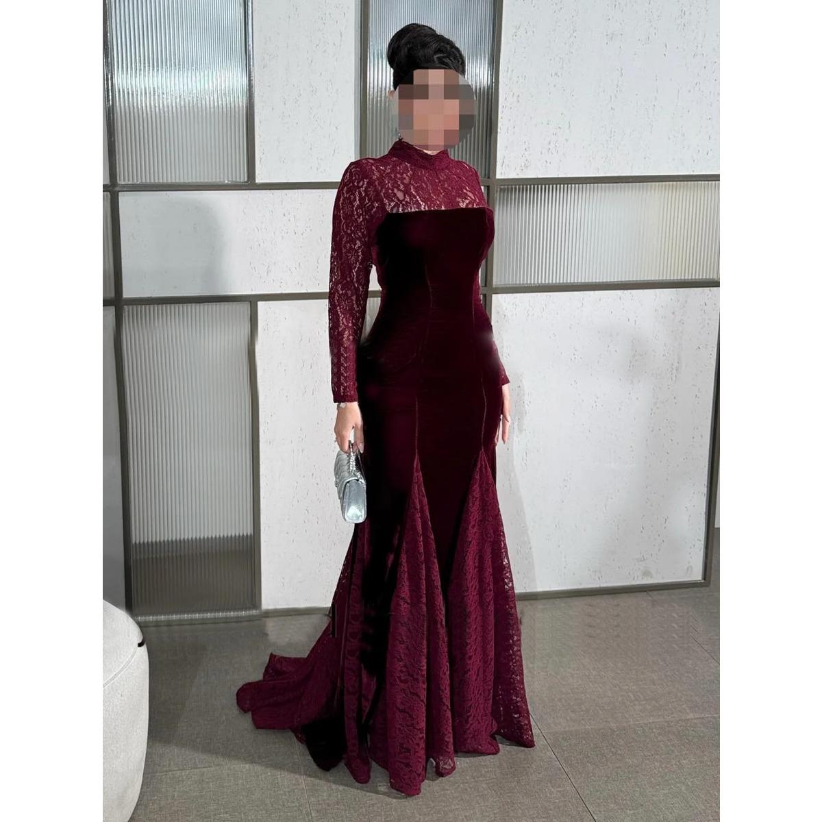 Fall Winter New European American Women s Vintage Elegant Velvet Long Sleeve Lace Patchwork Round Neck Evening Party Dress S