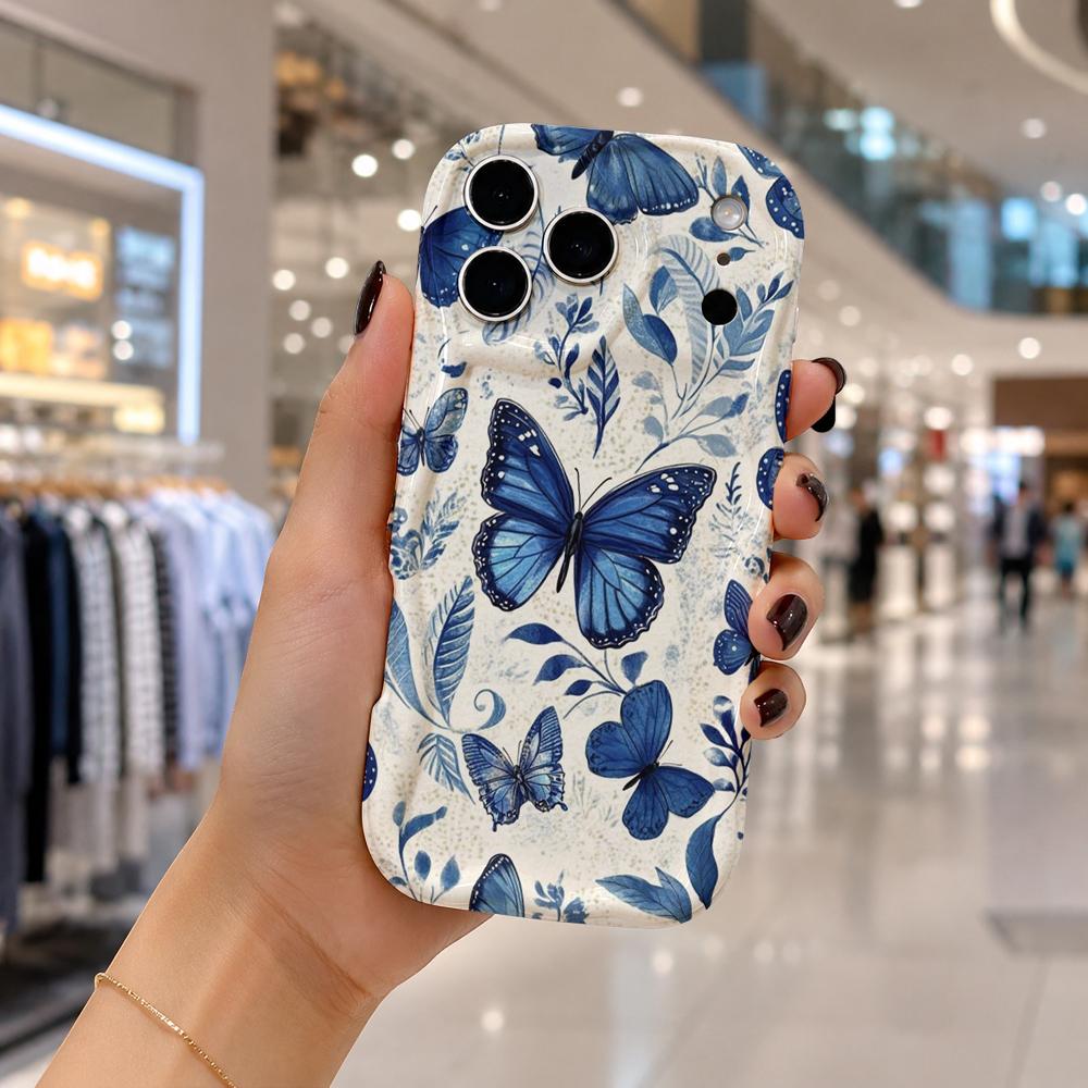 Wavy Edge Phone Case For iPhone 16 15 14 Pro Max 13 12 Mini 11 XR XS SE Blue Ink Butterfly Oriental Art Cover
