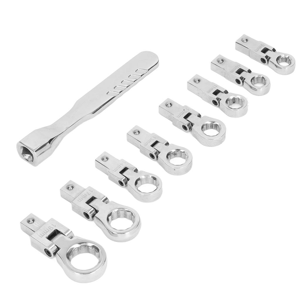 9Pcs Interchangeable Ratchet Wrench Chromium Vanadium Steel Box Wrench Set for Automotive
